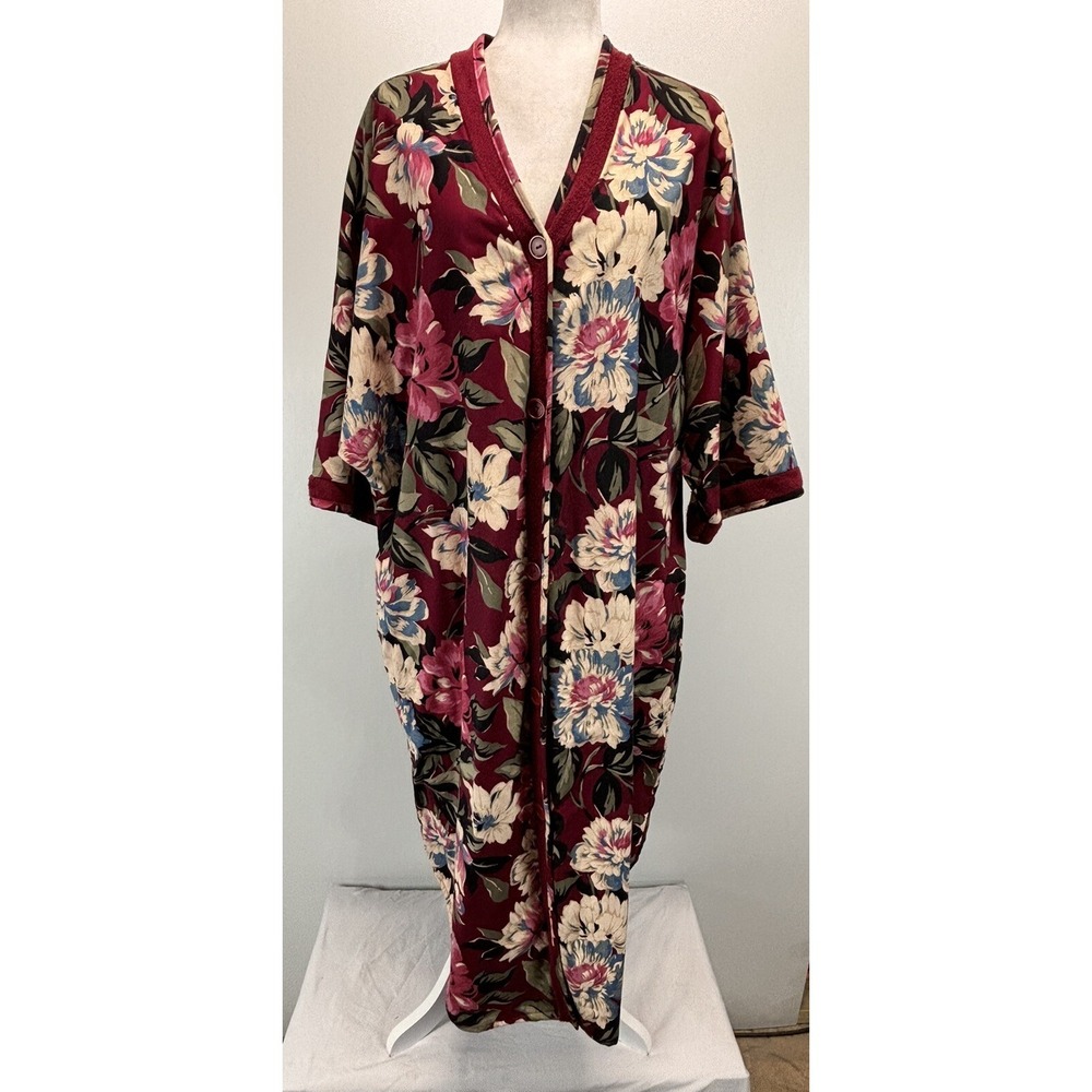 Vtg Cypress Floral Terry Lined Robe Sz Medium Women's Full Button Red Made USA